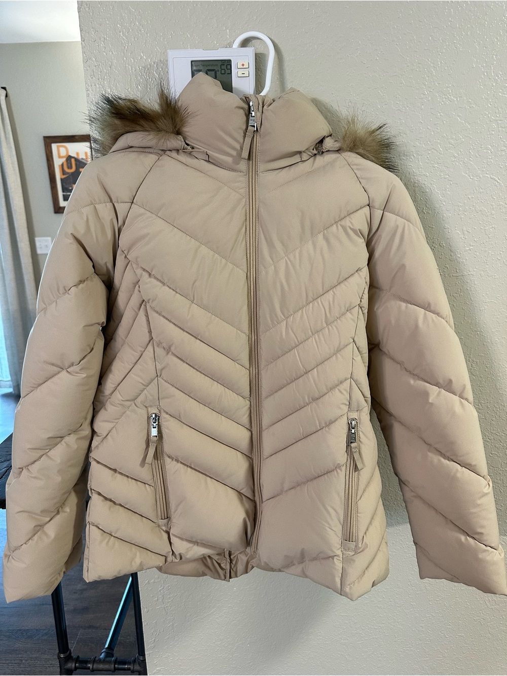 Tommy Hilfiger Taupe Quilted Puffer Jacket with Faux Fur Trim